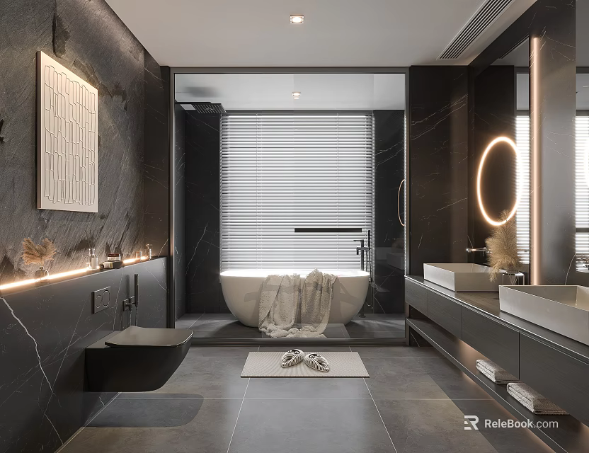 Modern Bathroom Interior With Black Marble Walls Floors Freestanding Bathtub Double Vanity Round Illuminated Mirror 3d model 