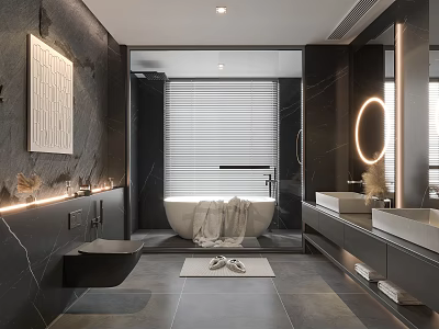 Modern Bathroom Interior With Black Marble Walls Floors Freestanding Bathtub Double Vanity Round Illuminated Mirror 3d model