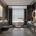 Modern Bathroom Interior With Black Marble Walls Floors Freestanding Bathtub Double Vanity Round Illuminated Mirror