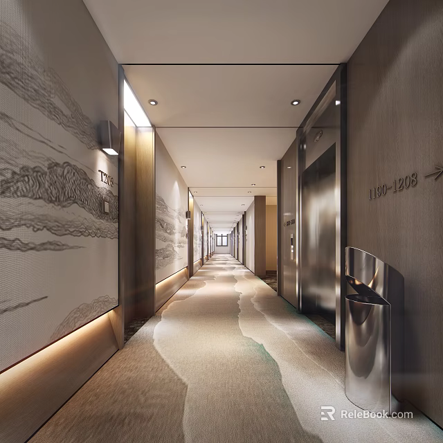Hotel Corridor Interior With Landscape Wall Art Elevators Soft Lighting And Patterned Carpet 3d model