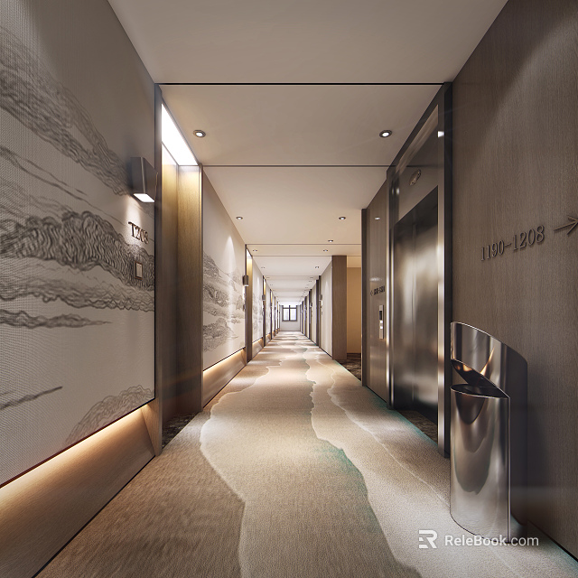 Hotel Corridor Interior With Landscape Wall Art Elevators Soft Lighting And Patterned Carpet 3d model 