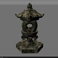 Traditional Stone Lantern With Mossy Surface And Pagoda Style Top Hexagonal Base