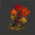 Autumn Tree With Red And Yellow Leaves Surrounded By Mushrooms And Fallen Leaves
