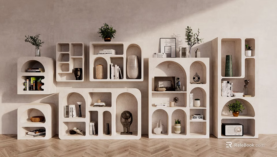 Modern Minimalist Decorative Shelves with Open Compartments Displaying Books Vases Potted Plants and Decorations 3d model 