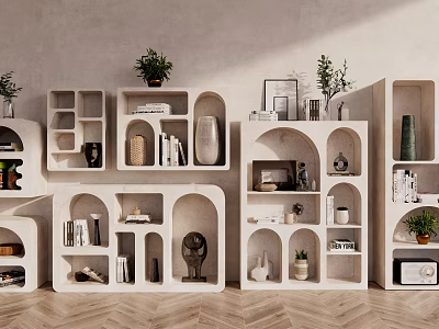 Modern Minimalist Decorative Shelves with Open Compartments Displaying Books Vases Potted Plants and Decorations 3d model