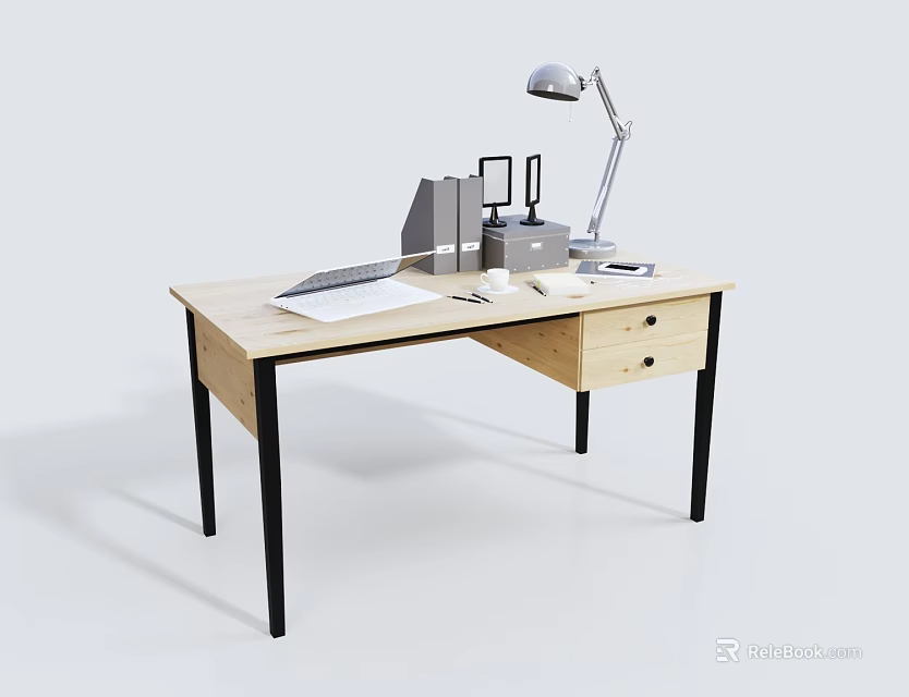Practical Wooden Desk Setup With Black Legs Desk Lamp Folder Notebook And Keyboard 3d model 