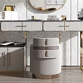 Elegant Modern Dressing Table Design With Round Mirror Gold Legs Beige Stool And Countertop Decor