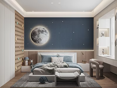 Kids Room Interior With Navy Blue Moon Stars Wall Wooden Bed And Desk Decor 3d model