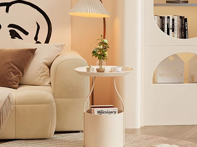 Stylish Living Room Side Table By Beige Sofa With Lamp Plant Magazines 3d model