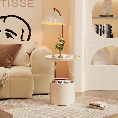 Stylish Living Room Side Table By Beige Sofa With Lamp Plant Magazines 3d model