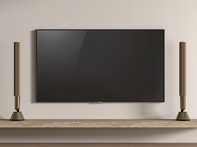 Black Television Mounted on Wall with Wooden Shelf and Golden Cylindrical Speakers on Both Ends 3d model