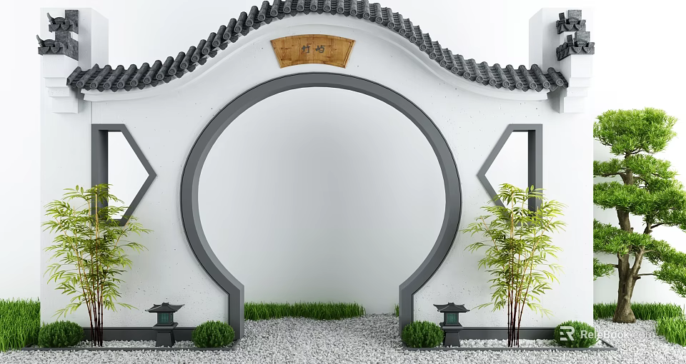 Traditional Chinese Circular Archway With Wall And Greenery 3d model 