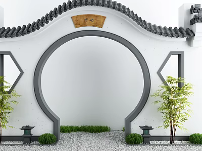 Traditional Chinese Circular Archway With Wall And Greenery 3d model