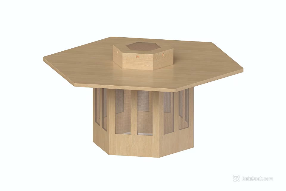 Hexagonal Wooden Functional Table With Central Raised Section And Grid Patterned Base 3d model
