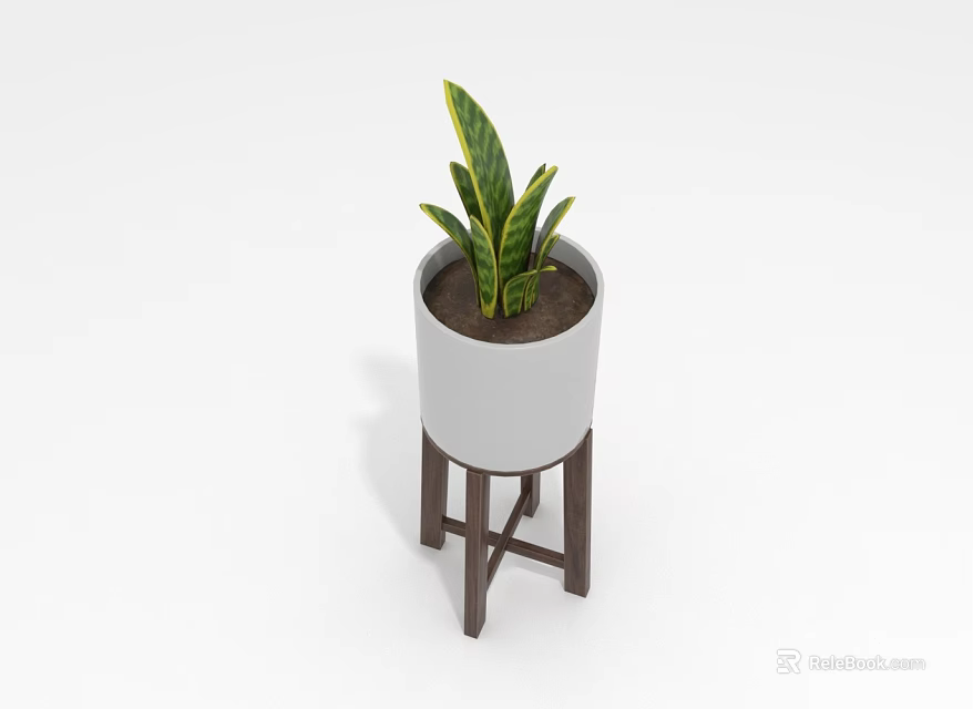 Indoor Green Plant with White Pot on Brown Wooden Stand for Home Decor 3d model 