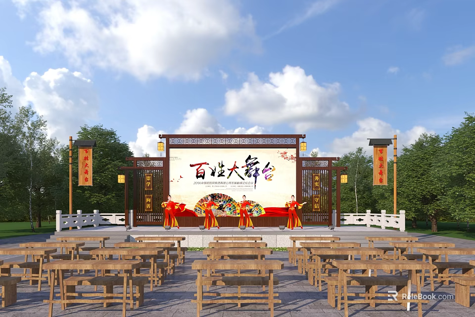 Traditional Chinese Baixing Grand Stage With Banner Wooden Benches And Green Trees 3d model 
