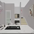 Modern Beauty Salon Interior With White Cabinets Green Chairs Beauty Products Mirror And Staircase