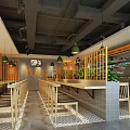 Modern Industrial Restaurant Interior With Wooden Tables Chairs Orange Partitions And Green Plants
