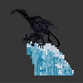 Detailed Black Mythical Dragon Sculpture With Spread Wings On Blue Ice Base
