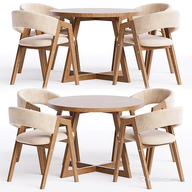 Modern Minimalist Dining Table Set With Round Wooden Frame And Beige Upholstered Chairs 3d model 