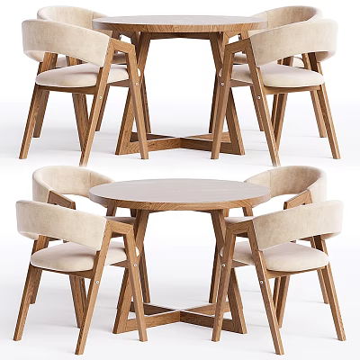 Modern Minimalist Dining Table Set With Round Wooden Frame And Beige Upholstered Chairs 3d model