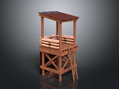 Wooden Watchtower Structure With Brown Roof Stacked Sandbags And Ladder 3d model
