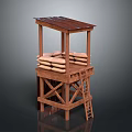 Wooden Watchtower Structure With Brown Roof Stacked Sandbags And Ladder