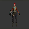 Game Movie Character With Spiked Red Hair Orange Vest Black Cargo Pants And Mechanical Arm