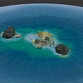 Cartoon Scene of Blue Ocean with Island Rocks and Small Buildings