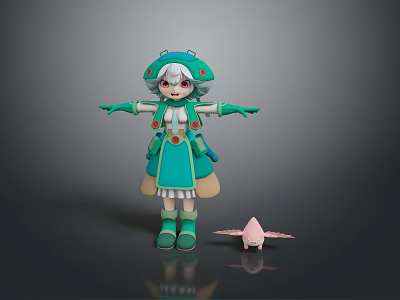 Woman Wearing Green Outfit With White Hair Green Hat Gloves Boots And Pink Small Creature 3d model
