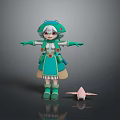 Woman Wearing Green Outfit With White Hair Green Hat Gloves Boots And Pink Small Creature