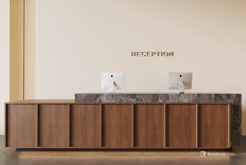 Modern Reception Area With Beige Wall Wooden Cabinets Marble Countertop And Mac Computers 3d model 