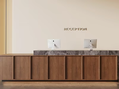Modern Reception Area With Beige Wall Wooden Cabinets Marble Countertop And Mac Computers 3d model
