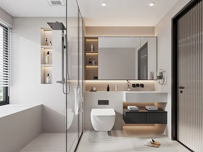 Modern Bathroom Interior With Glass Shower Vanity Mirror Toilet And Bathtub 3d model