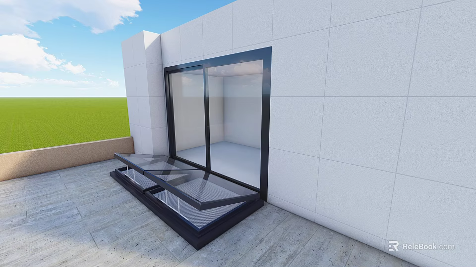 Modern Detached Villa With White Wall Glass Sliding Door And Green Lawn Terrace 3d model 