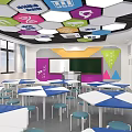 School Science Technology Classroom With Colorful Hexagonal Ceiling Science Icons Blue White Tables Chairs 3d model