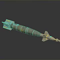 Military Bomb With Brown Body Yellow Markings Blue Stabilizer Fins And Gray Nose Cone