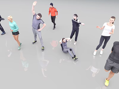 Group of People Doing Various Exercises Raising Hands Running Bending And Sitting 3d model