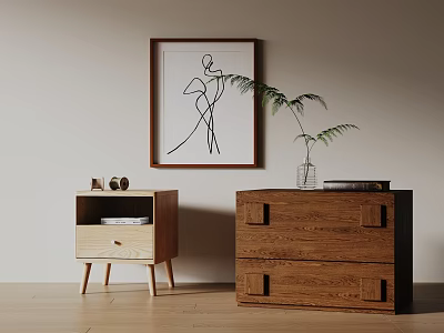 Wooden Bedside Tables In Light And Dark Tones With Drawers Artwork And Plant 3d model