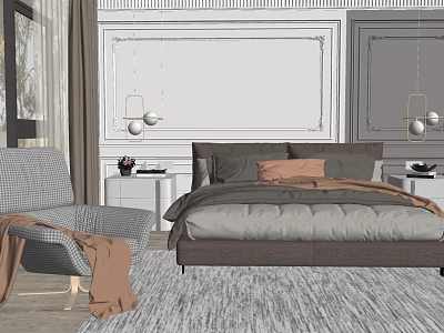 Background Double Bed With Decorative Wall Paneling Pendant Lights Nightstands And Gray Orange Pillows 3d model