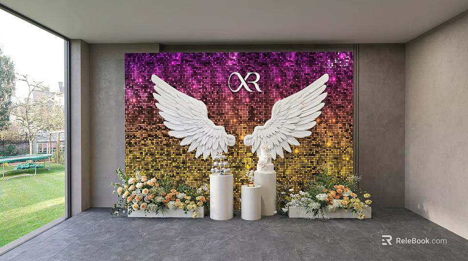 Check in Photo Spot With White Wings Mosaic Gradient Wall And Floral Decorations 3d model 