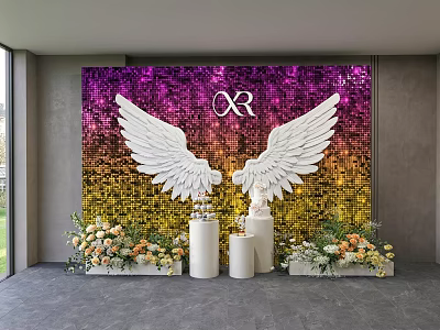 Check in Photo Spot With White Wings Mosaic Gradient Wall And Floral Decorations 3d model
