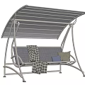 Outdoor Swing Chair With Canopy Gray Frame Plaid Blanket And Soft Pillows