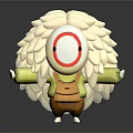 Cartoon Creature With White Fluffy Fur Red Circle Face Green Arms And Brown Bag