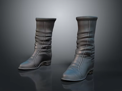 Minimalist Leather Mid Calf Boots With Wrinkled Design And Low Heel 3d model