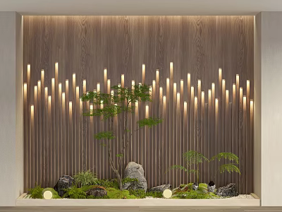 Wooden Wall Interior Design With Vertical LED Lights And Decorative Plants Stones Greenery 3d model