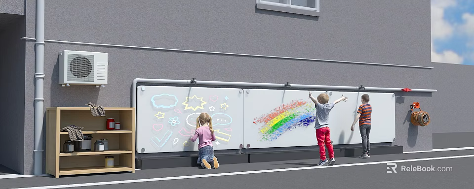 Kindergarten Children Drawing On Whiteboard With Rainbow Stars Clouds Speech Bubbles And Bookshelf 3d model 