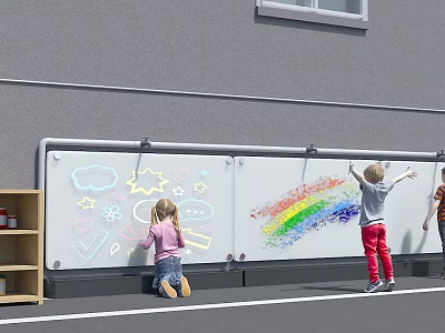 Kindergarten Children Drawing On Whiteboard With Rainbow Stars Clouds Speech Bubbles And Bookshelf 3d model