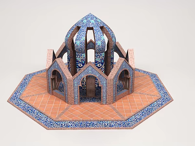 Traditional Pavilion With Octagonal Base Blue Tile Decor Brown Frame And Arched Windows 3d model