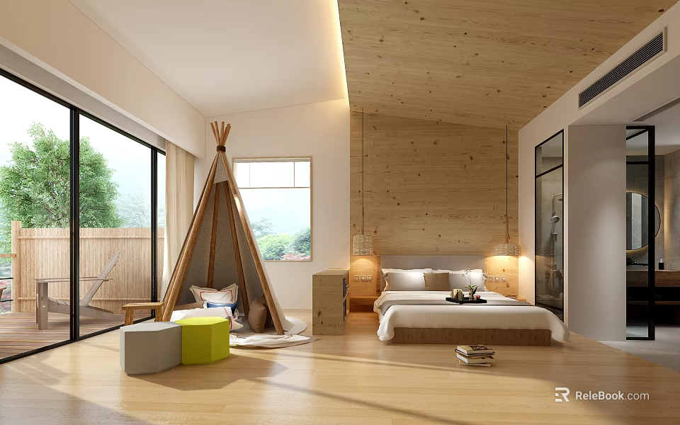 Hotel Guest Room Featuring Wooden Wall Large Windows Teepee And Cozy Bed 3d model 